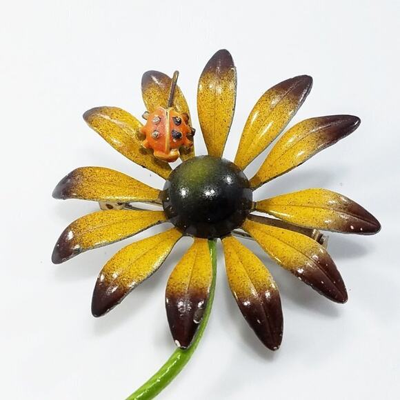 Vintage Brown Golden Yellow Flower Brooch, Lady Bug On Petal, 3 3/4 Inches - Picture 3 of 10